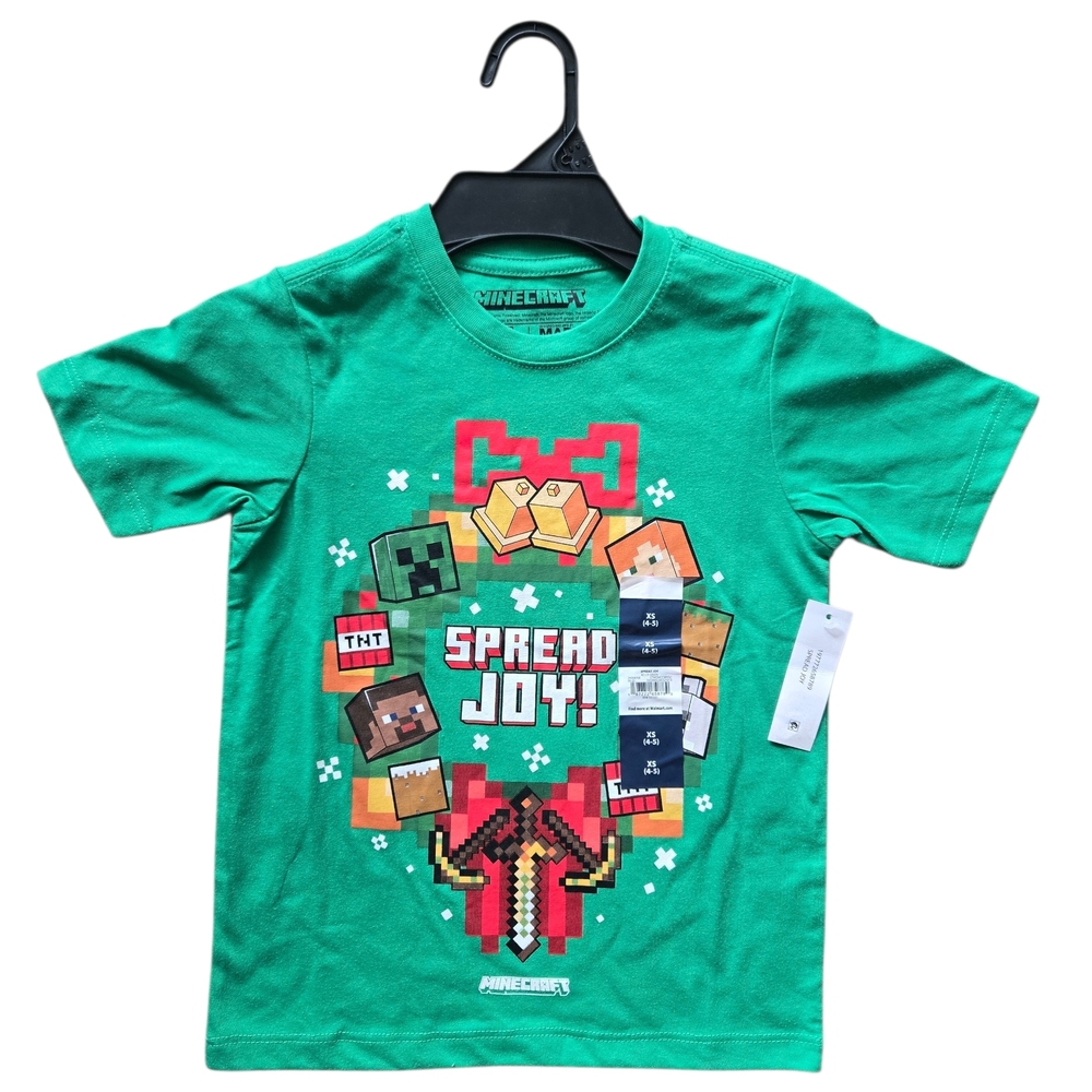 Minecraft “Spread Joy!” Christmas Tee Boys XS (4/5) Kelly Green NWT